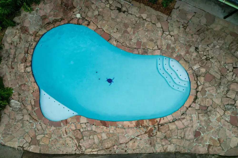 Drone view straight down on a freeform pool with turtle mosaics, bench steps and a flagstone deck