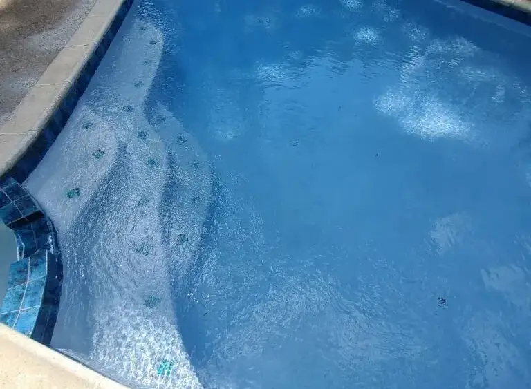 Kidney-shaped pool with blue plaster finish and tiled entry steps