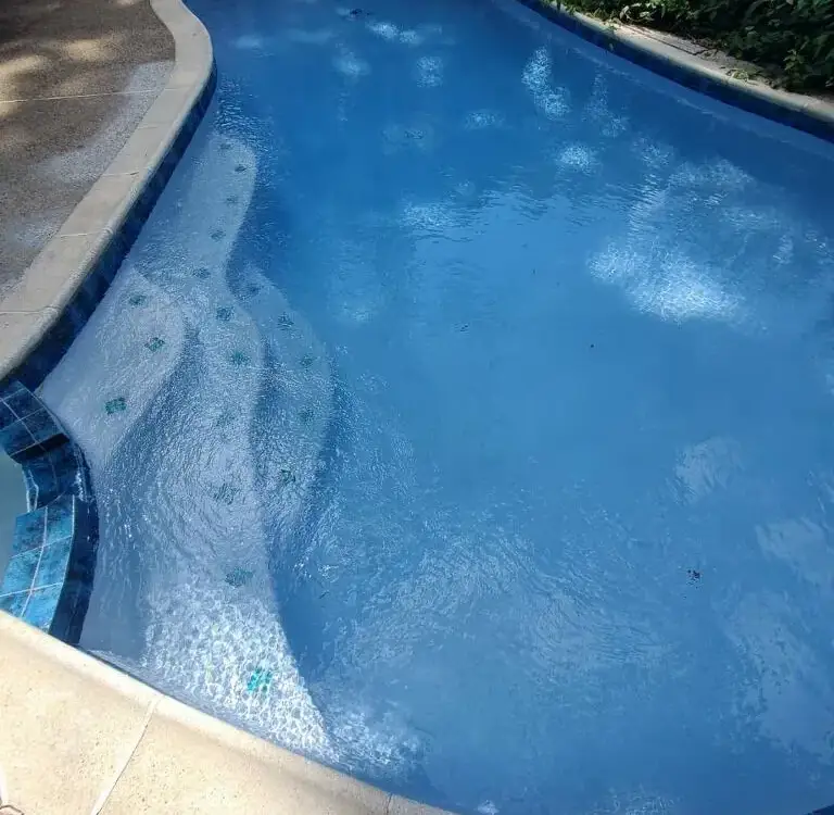 Kidney-shaped pool with a new blue plaster finish, bench steps and blue waterline tile
