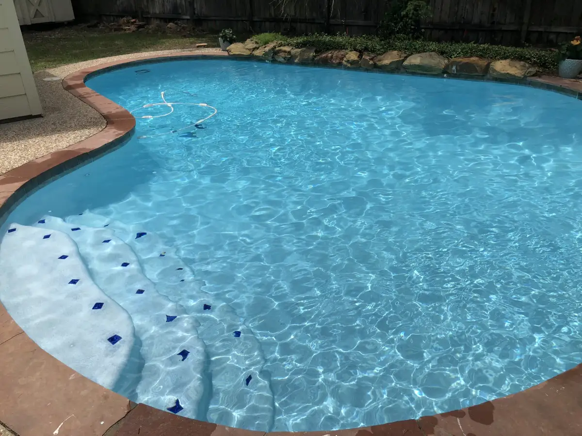 Kidney-shaped pool with white steps edged in blue diamond tiles and sunlit water