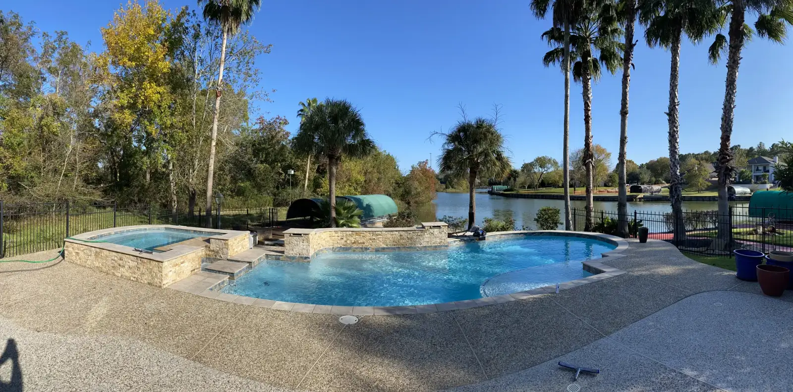 Lakeside freeform pool and raised spa with palm trees