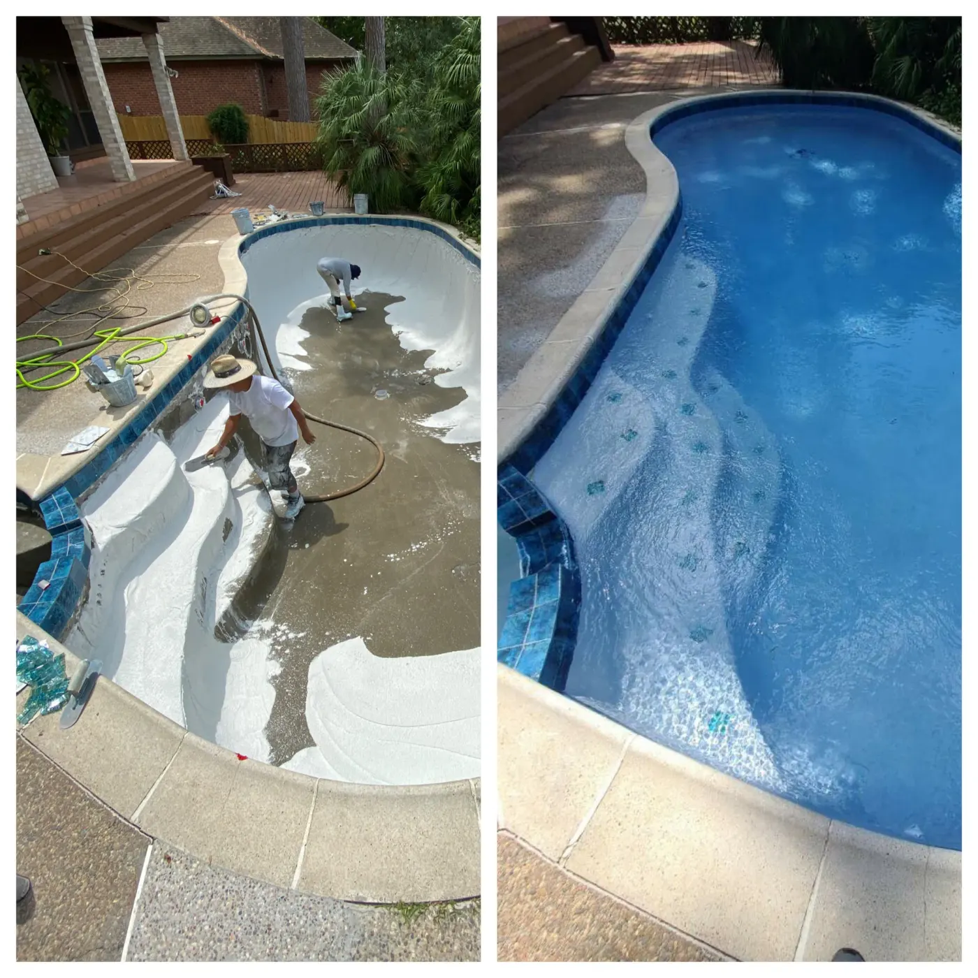 Side-by-side of the same pool drained mid-replaster with a crew working, and refilled with the finished blue plaster