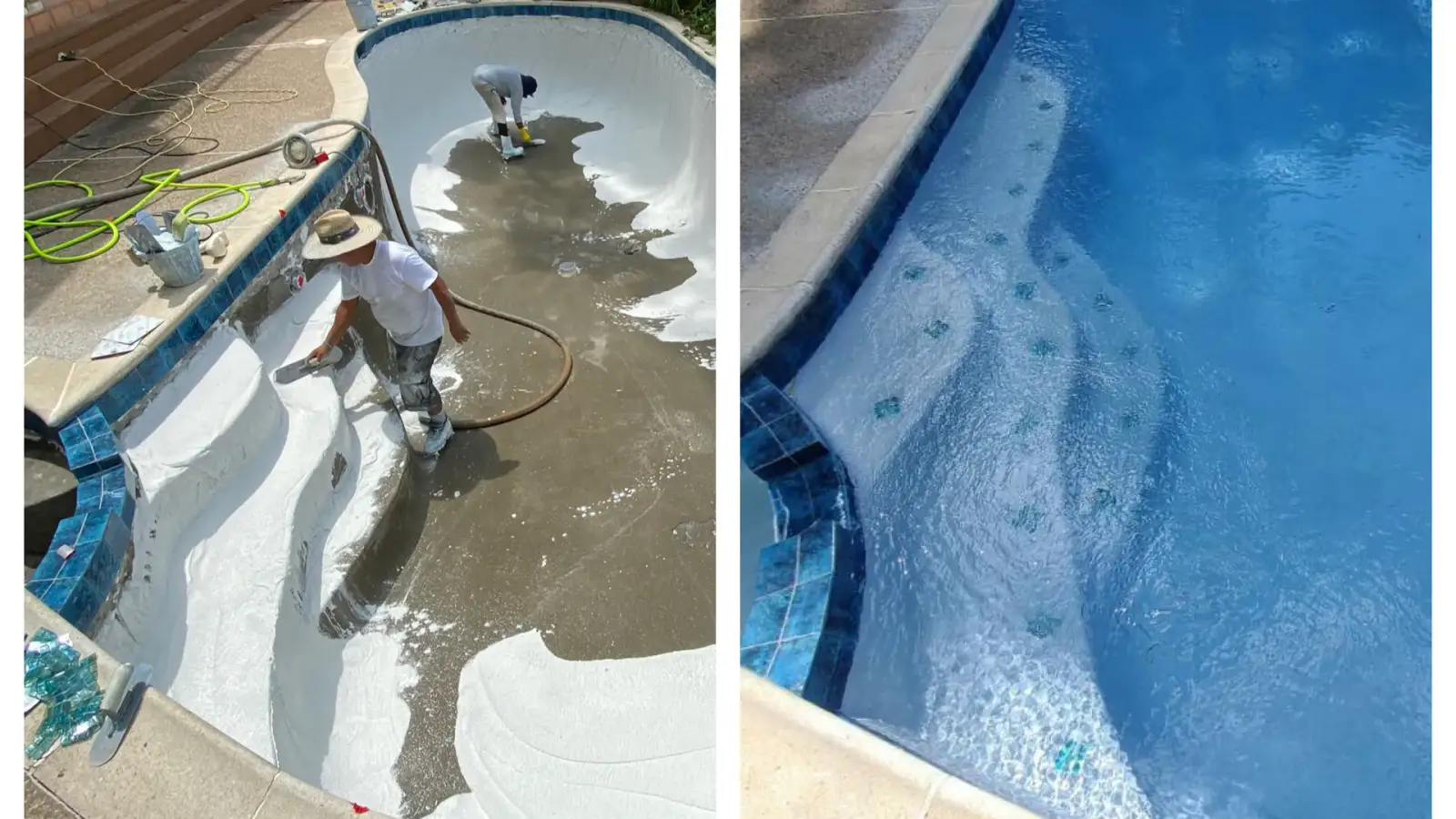 Pool shown during and after a replaster with fresh white finish